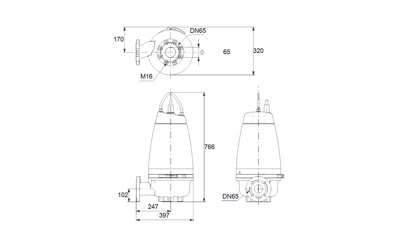 Tauchmotorpumpe von Grundfos mit schlankem Gehäuse und senkrechter Montage. Technische Abmessungen sind im Diagramm dargestellt.